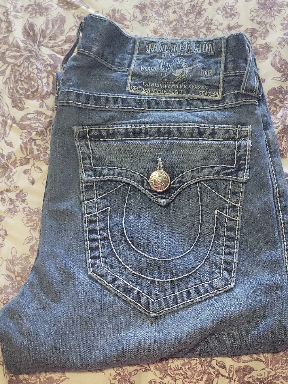 True Religion men's Medium Blue Straight Leg Jeans with Signature Pocket, Ricky